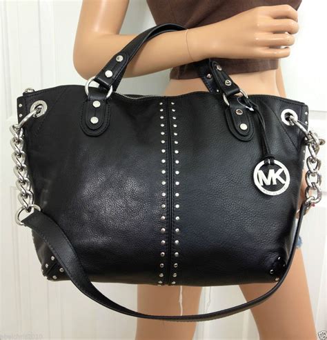 michael kors black satchel with silver hardware|Michael Kors black shoulder handbags.